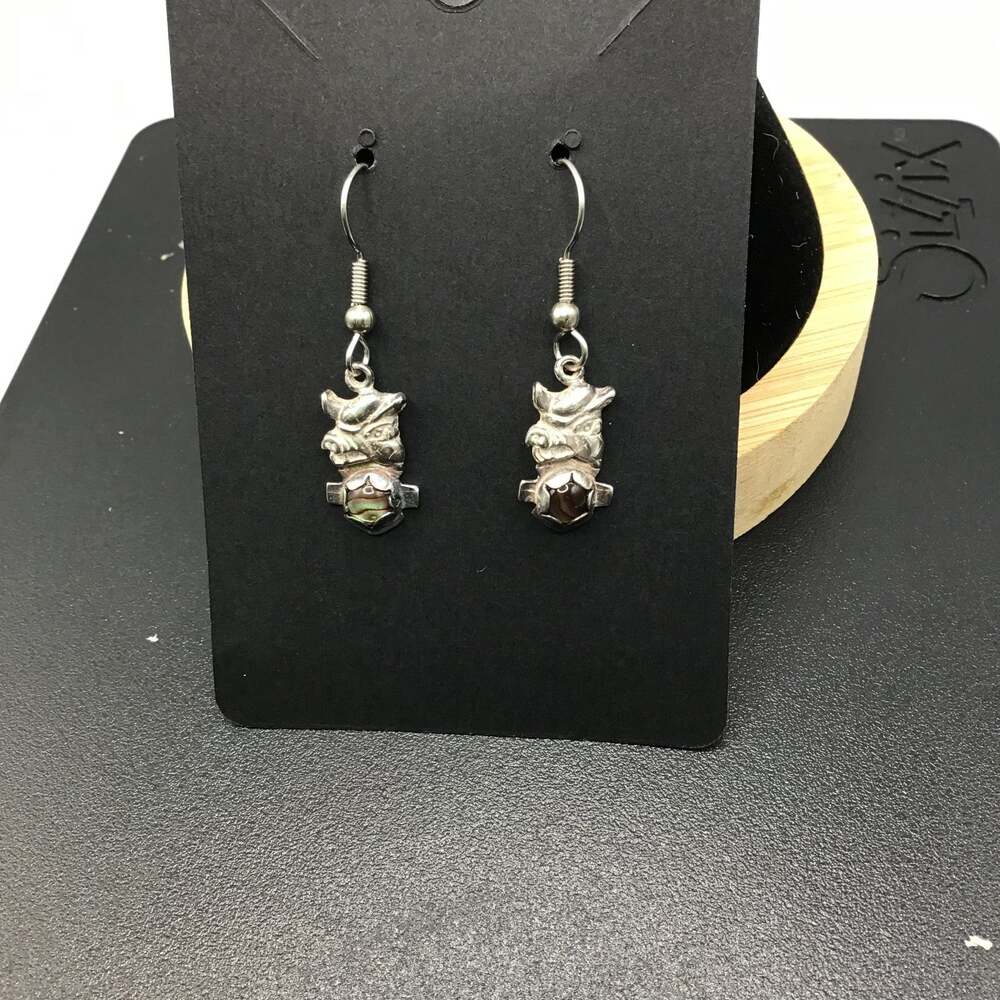 Vintage Sterling Silver Hog Pig Dark Stone Dangle Earrings 70s 80s